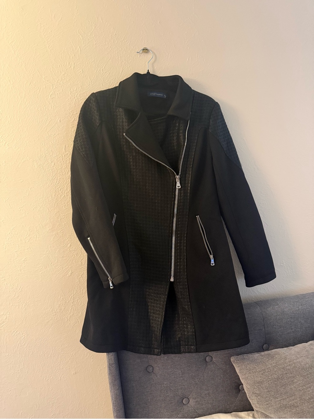Apostrophe black leather jacket coat with checkered pattern silver zippers